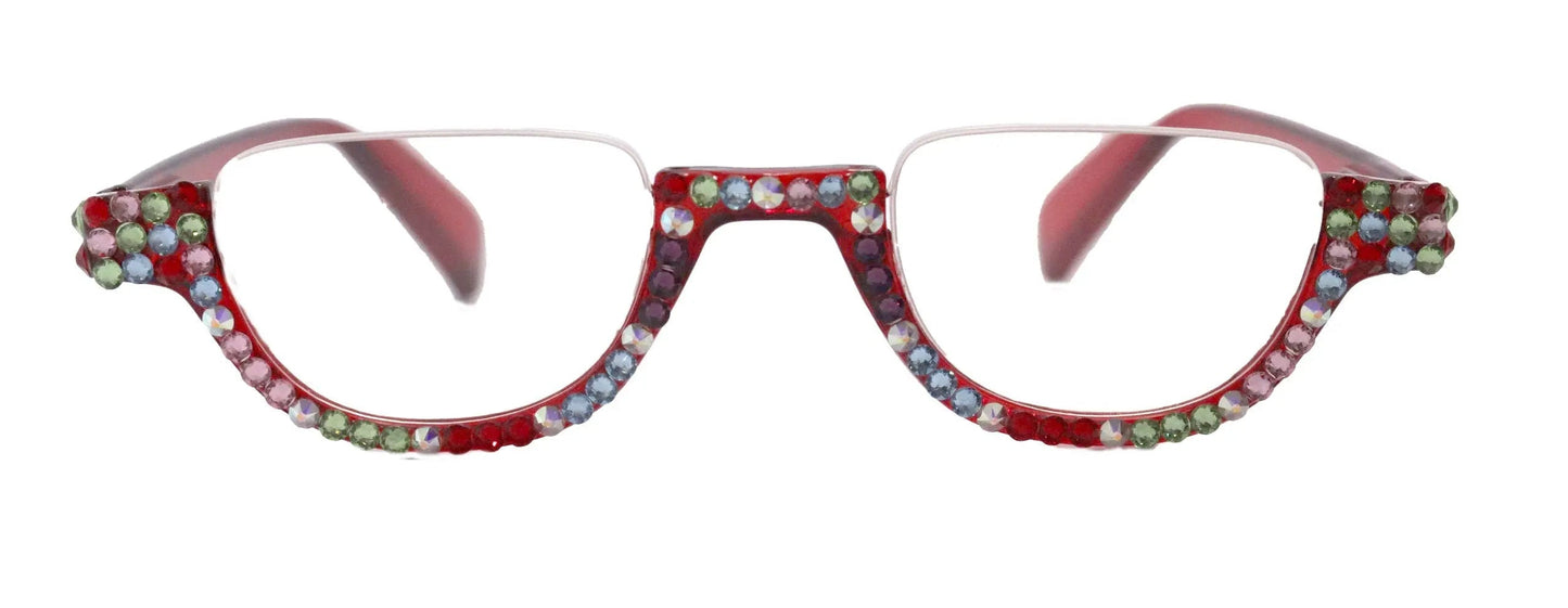 Half Moon, (Bling) Woman Reading Glasses Adorned W Genuine European Crystals, Reader Magnifying,   (Red) NY Fifth Avenue. 