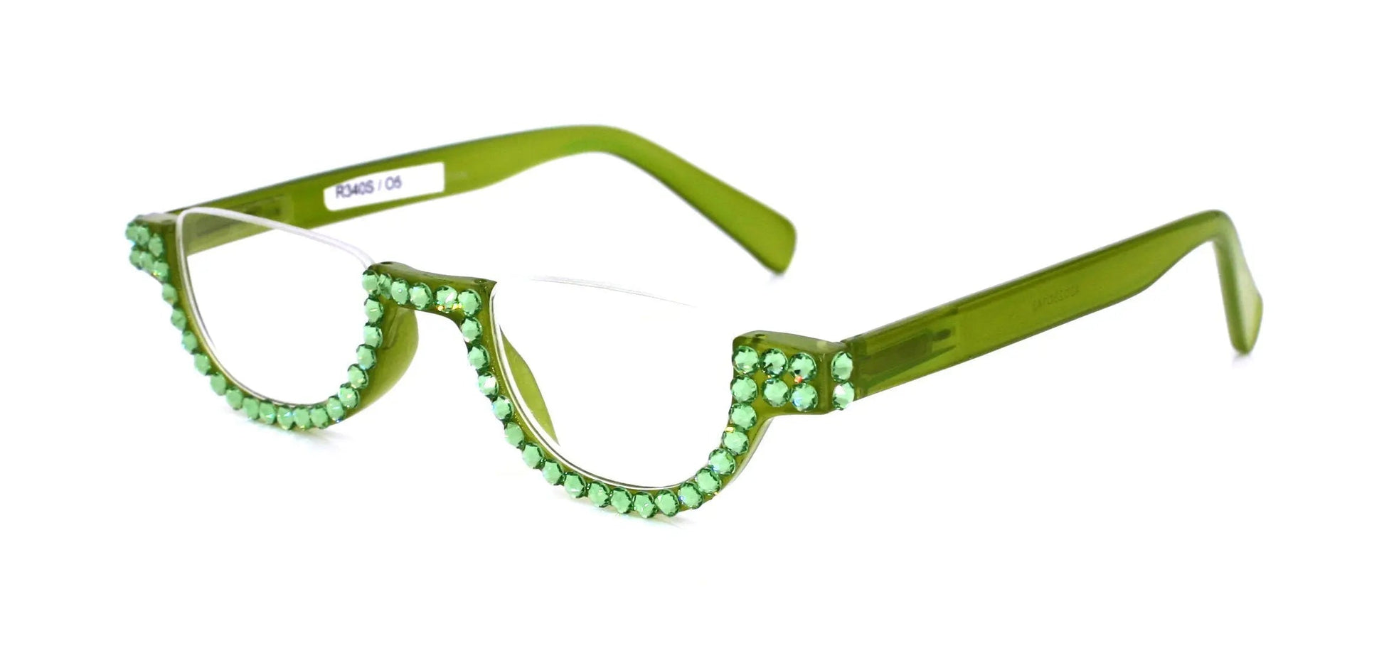 Half Moon, (Bling) Woman Reading Glasses Adorned W (Peridot) Genuine European Crystals,  Reader Magnifying, +1.25 to +4  NY Fifth Avenue
