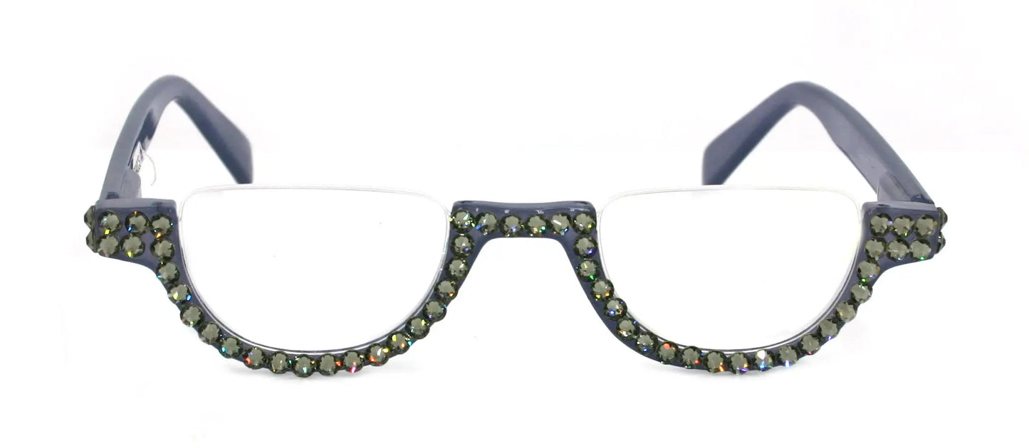 Half Moon, (Bling) Woman ReadingGlasses Adorned w (Black Diamond)  Genuine European Crystals Reader (Gray) Lower Nose Frame, NY Fifth Avenue 
