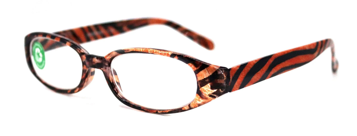 Isabella, (Premium) Reading Glasses, Fashion Reader (Orange Tiger) Animal Print, Oval +5 +6 High Magnification, NY Fifth Avenue (Wide Frame)