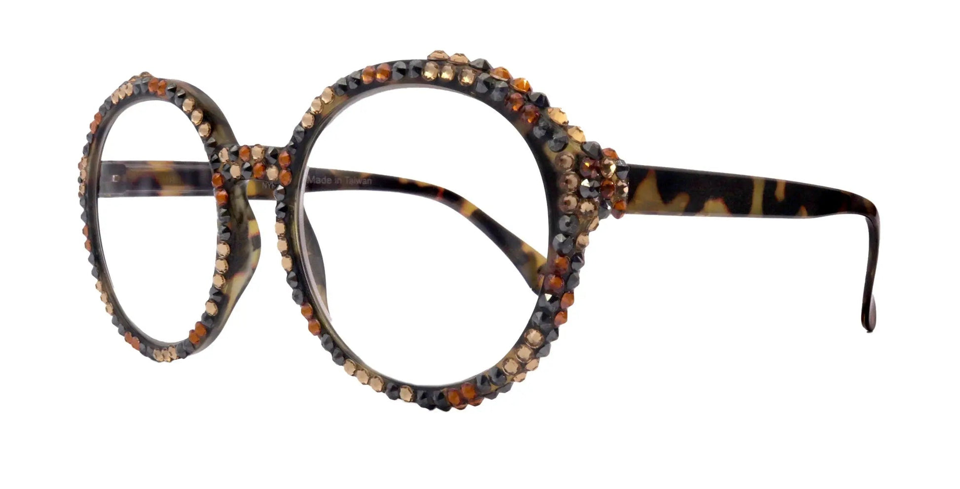 Jackie O, BLING Women Reading Glasses, Light colorado, Hematite  (Leopard) (Oversize Large Round) Magnifying Eyeglasses,  NY Fifth Avenue 