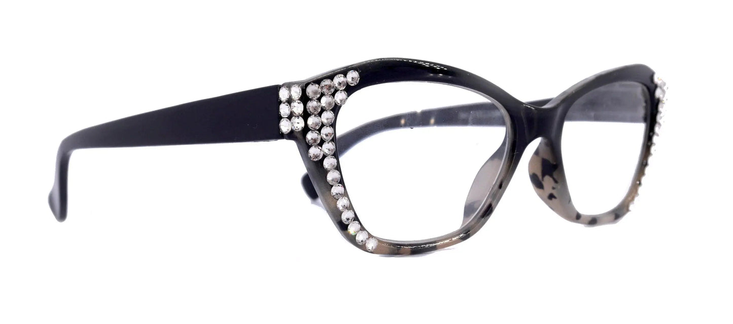 Jane, (Bling) Women Reading Glasses W (Clear) Genuine European Crystals, Magnifying Reader, Cat Eyes (Black )Tortoise Shell. NY Fifth Avenue 