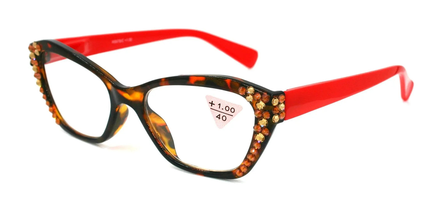 Jane, (Bling) Women Reading Glasses W (L. Colorado, Cooper) Genuine European Crystals, Cat Eyes (Red Brown) Tortoise Shell. NY Fifth Avenue 