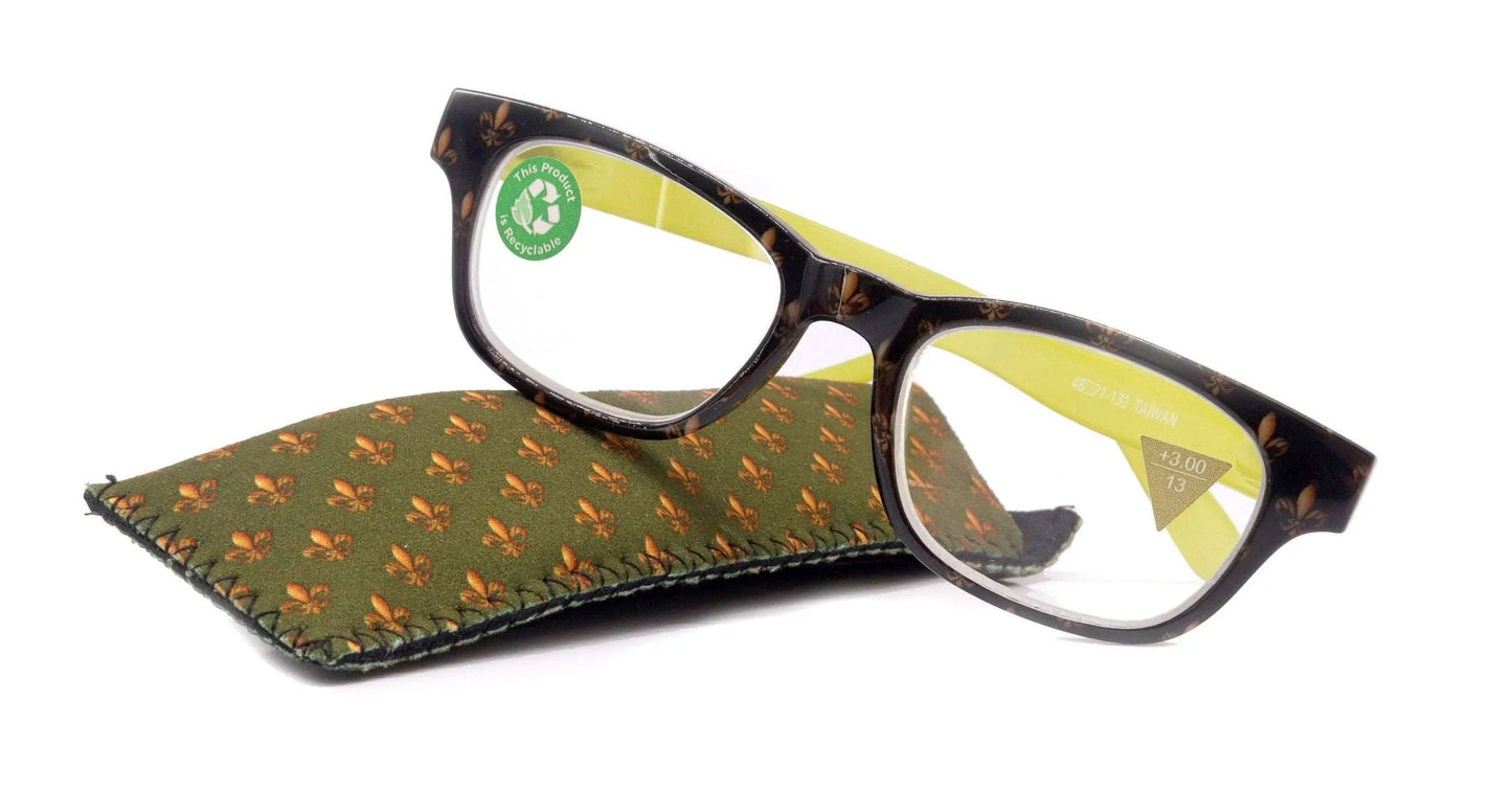 Lilly, (Premium) Reading Glasses (Fleur De Lis) +1 .. +3 Magnifying, Fashion Square Optical Frame. (Green, Gold, Black) NY Fifth Avenue.