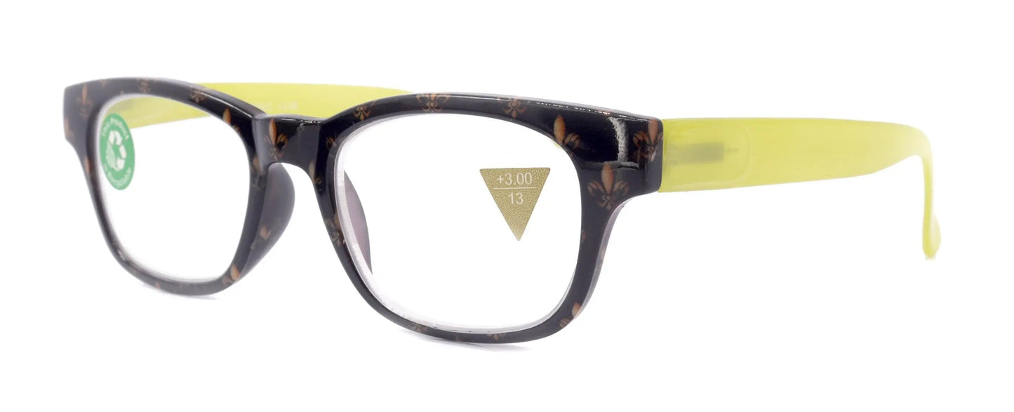 Lilly, (Premium) Reading Glasses (Fleur De Lis) +1 .. +3 Magnifying, Fashion Square Optical Frame. (Green, Gold, Black) NY Fifth Avenue.