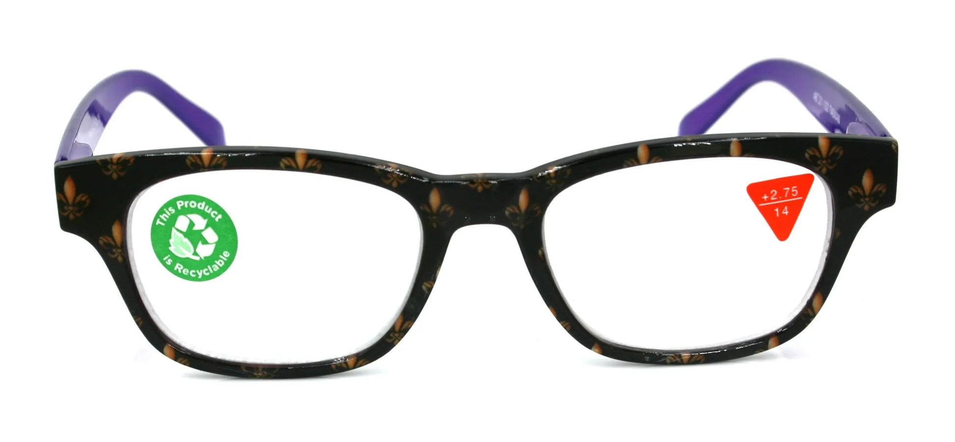 Lilly, (Premium) Reading Glasses (Fleur De Lis) +1 .. +3 Magnifying, Fashion Square Optical Frame. (Purple, Gold, Black) NY Fifth Avenue.