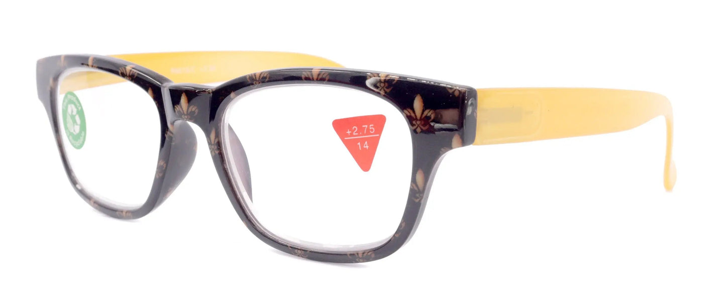 Lilly, (Premium) Reading Glasses (Fleur De Lis) +1 .. +3 Magnifying, Fashion Square Optical Frame. (Yellow, Gold, Black) NY Fifth Avenue.