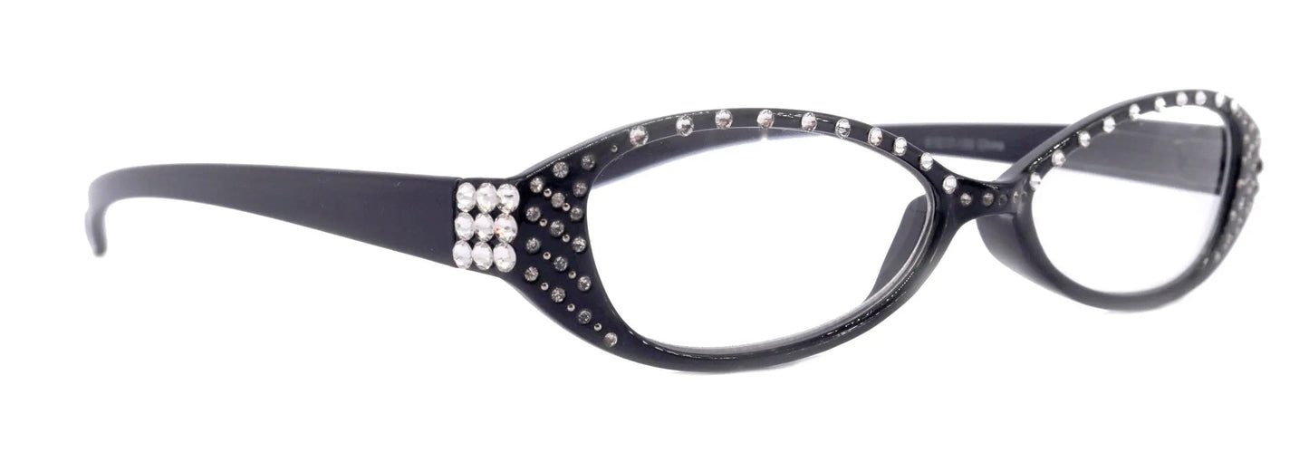 Lucky, (Bling) Women Reading Glasses W (Clear) Genuine European Crystals, Magnifying, Cat Eyes (Black) Cat eye NY Fifth Avenue 
