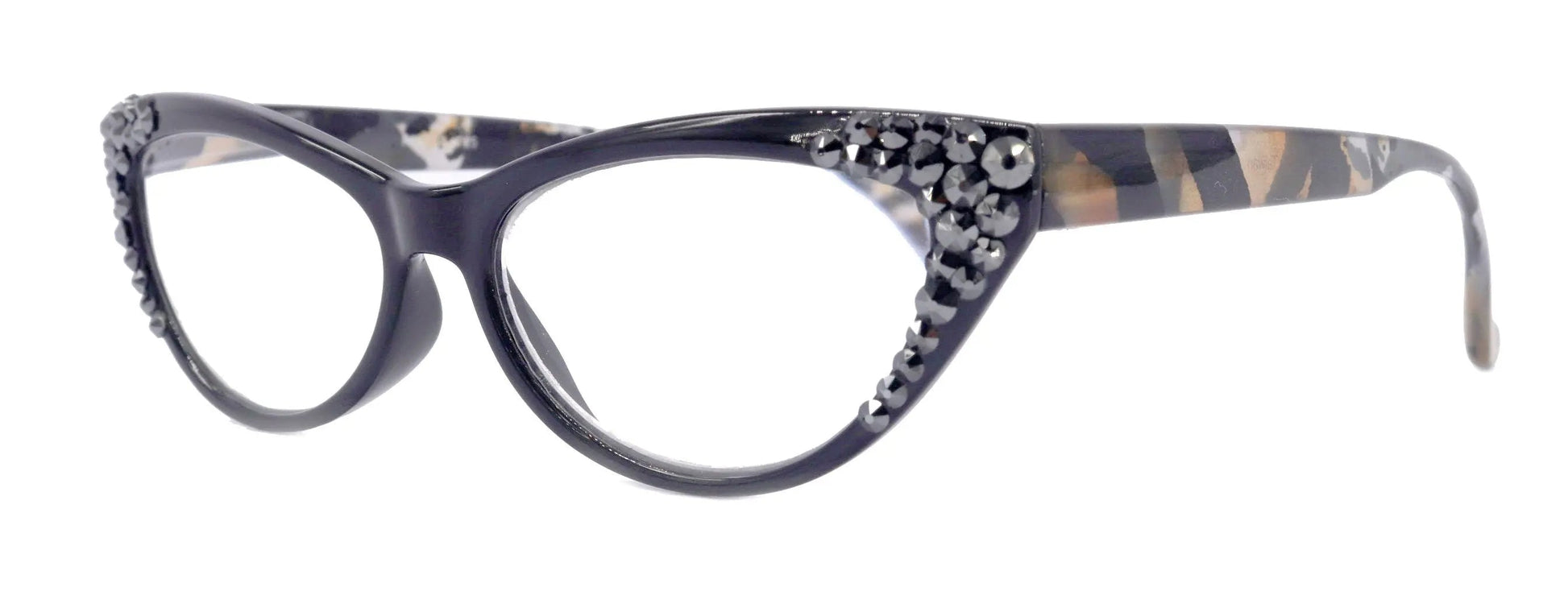 Lynx, (Bling) Cat Eyes, Women Reading Glasses Adorned W (Hematite) Genuine European Crystals (Leopard Brown, Black) Frame, NY Fifth Avenue. 