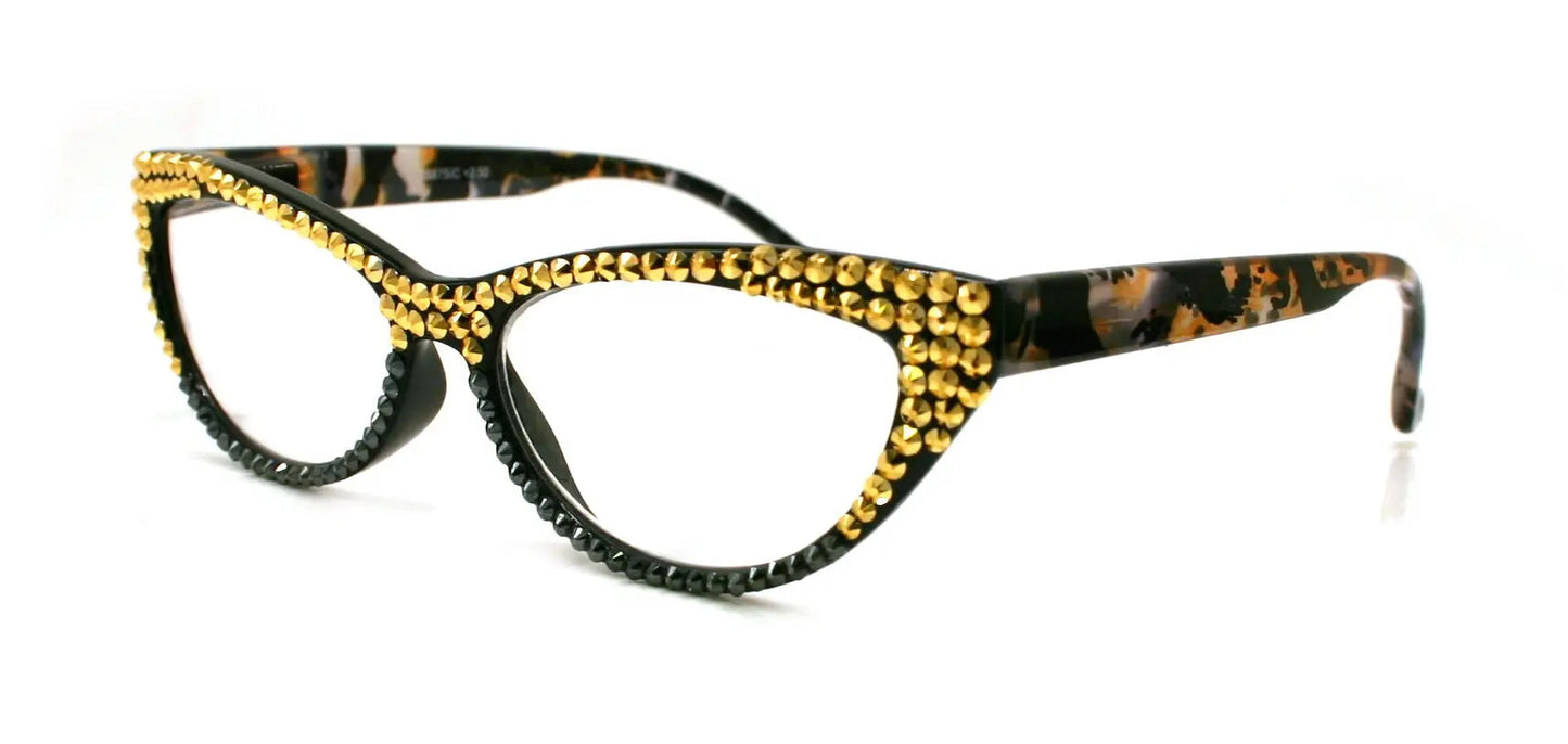 Lynx, (Bling) Women Reading Glasses W (Full TOP) (Golden Shadow) Genuine European Crystals, Cat Eyes Tiger Print +1.50..+3 NY Fifth Avenue