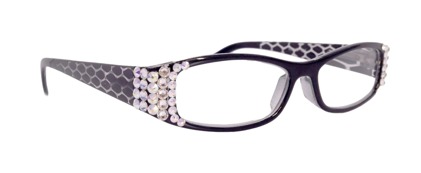 Lyon, (Bling) Reading Glasses with (Clear, Hematite) Genuine European Crystals(Hounds Tooth Check) Rectangular (Black) NY Fifth Avenue 