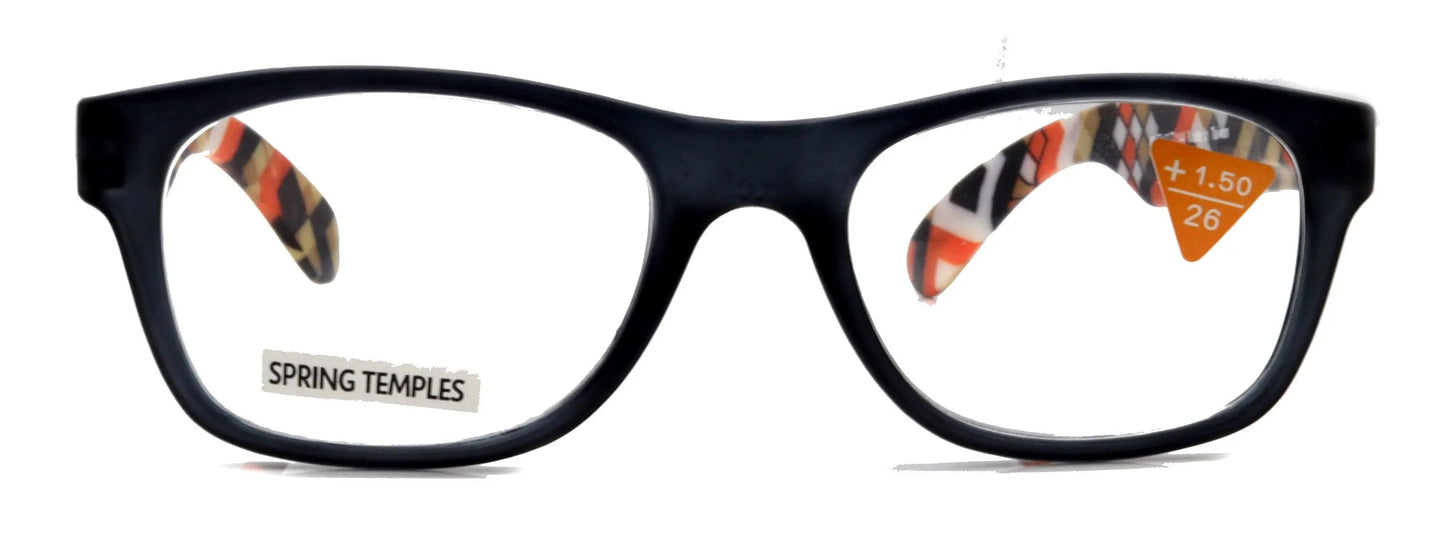 Monet, (Premium) Reading Glasses High End Readers +1 .. +3 Magnifying, (Black) (Orange) Chevron Square. Optical Frame. NY Fifth Avenue.