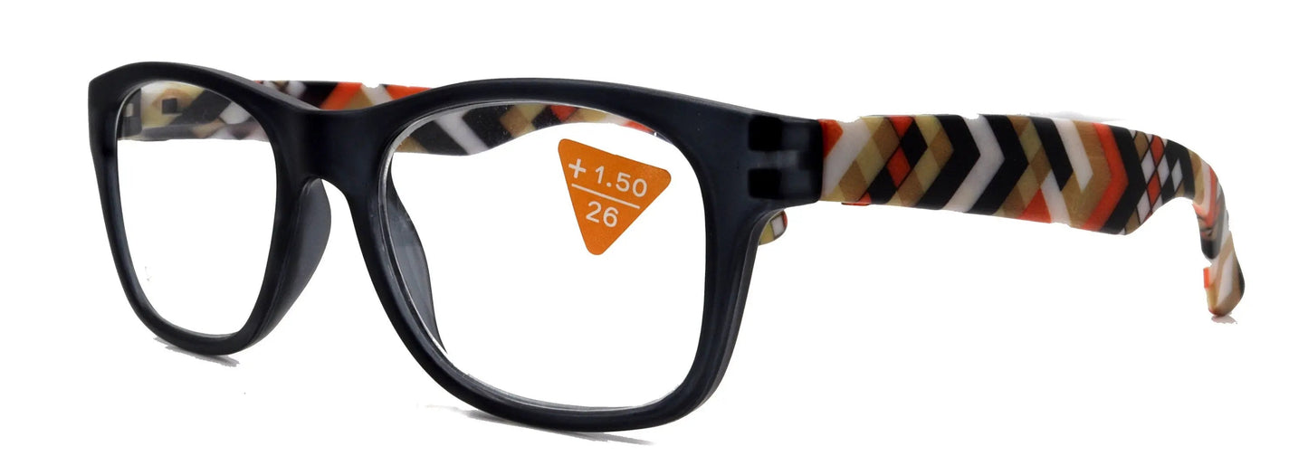 Monet, (Premium) Reading Glasses High End Readers +1 .. +3 Magnifying, (Black) (Orange) Chevron Square. Optical Frame. NY Fifth Avenue.