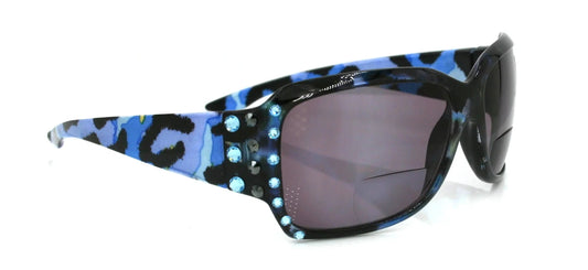Nissi, (Bling, Bifocal) Women Sun Reader W (Hematite, Aquamarine) Genuine European Crystals   (Blue) Leopard Animal Print, NY Fifth Avenue 