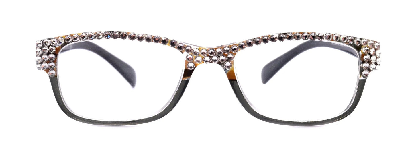 Olivia, (Bling) Women Reading Glasses Adorned with (Full Top) (Clear) Genuine European Crystals.  (Black, Grey) Square, NY fifth avenue. 