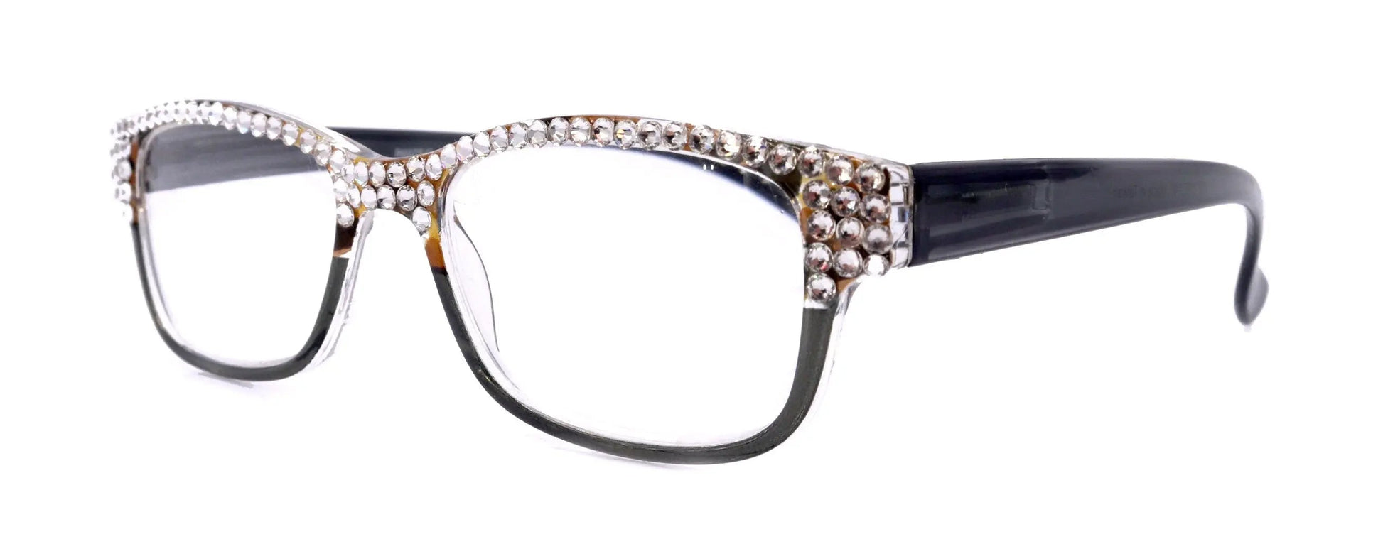 Olivia, (Bling) Women Reading Glasses Adorned with (Full Top) (Clear) Genuine European Crystals.  (Black, Grey) Square, NY fifth avenue. 