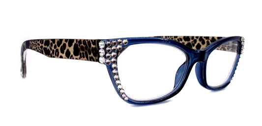 Panthera, (Bling) Women Reading Glasses Adorned W (Clear) Genuine European Crystals, (Royal Blue, Leopard) Cat Eye, NY Fifth Avenue. 