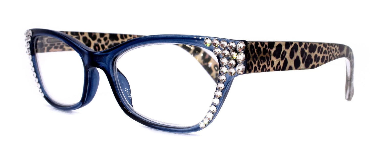 Panthera, (Bling) Women Reading Glasses Adorned W (Clear) Genuine European Crystals, (Royal Blue, Leopard) Cat Eye, NY Fifth Avenue. 