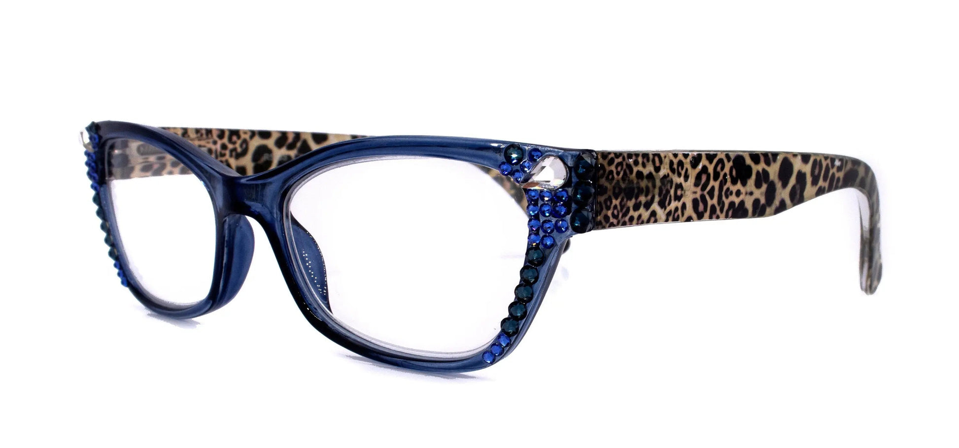 Panthera, (Bling) Women Reading Glasses W (Capri, Montana Blue) Genuine European Crystals (Leopard Royal Blue) Cat Eye, NY Fifth Avenue. 