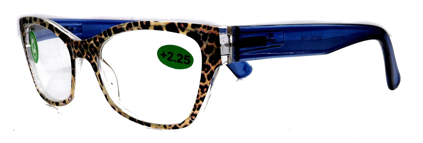 Panthera, (Premium) Reading Glasses, High End Readers +1.25..+3 Magnifying, Cat Eye. Optical Frames (Leopard Brown, Blue)  NY Fifth Avenue.