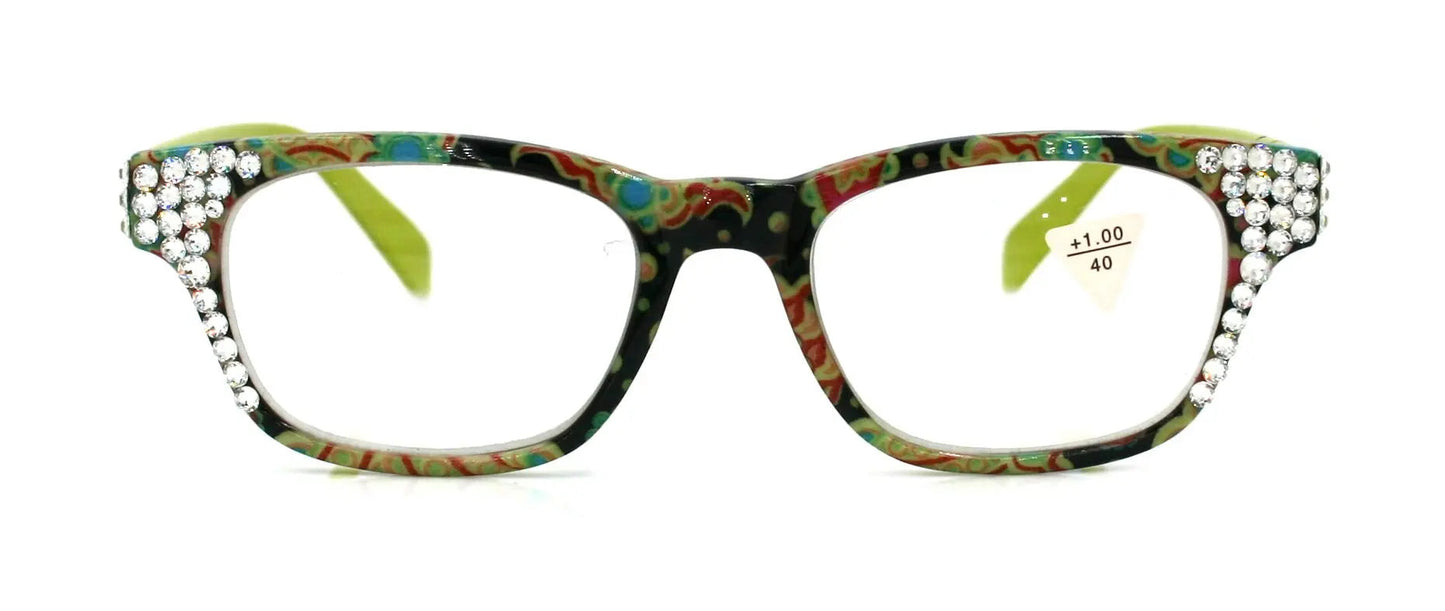 Persia, (Bling) Reading Glasses For Women Adorned W (Clear) Genuine European Crystals.+1.25.+3 (Lime Green) Paisley Floral. NY Fifth Avenue.