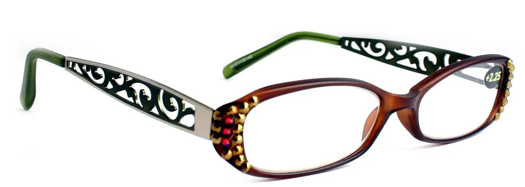 Phoenicia, (Bling) Women Reading Glasses W (Light Colorado, Cooper)Genuine European Crystals, Brown, Green (Filigree Temple) NY Fifth Avenue 