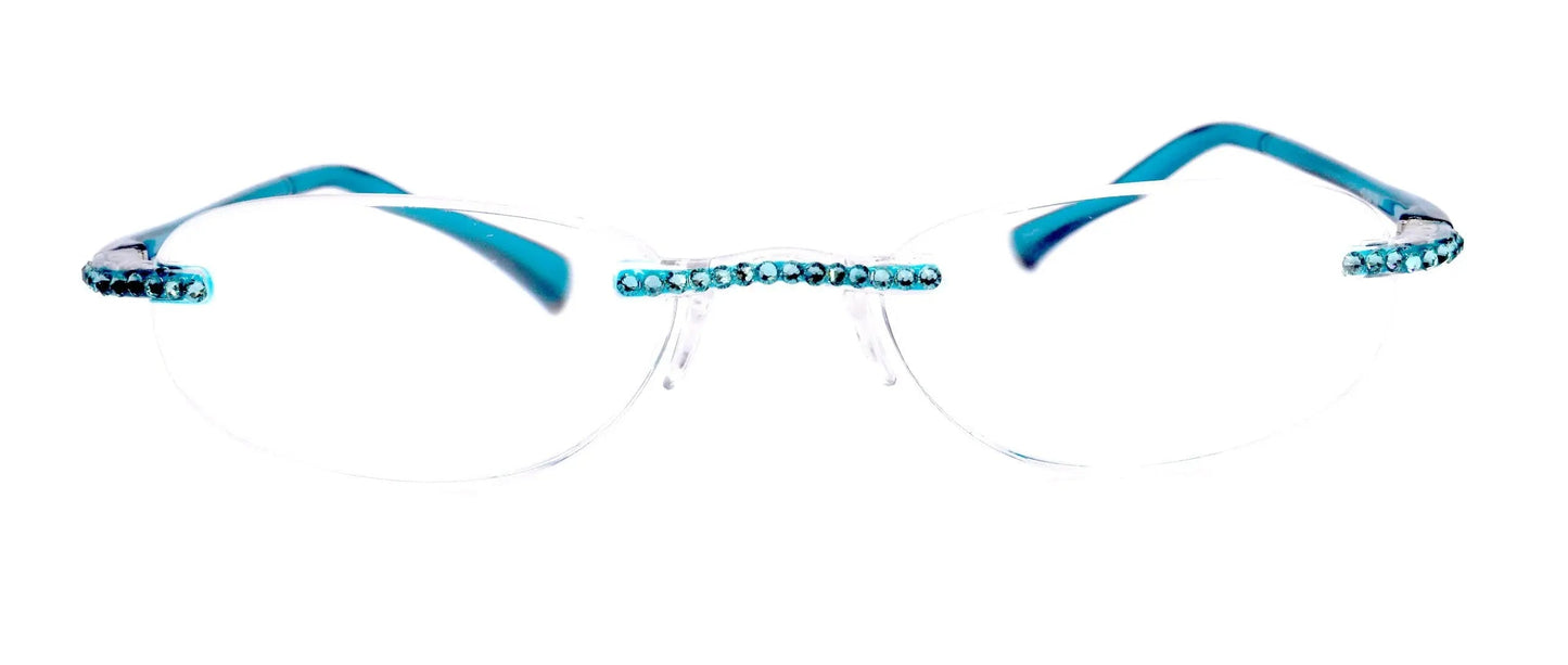 Phoenix, (Bling) Rimless Reading Glasses W (Aquamarine) Swarovski Crystal (Blue) Frameless, Lightweight, Flexible Memory. NY Fifth Avenue. 