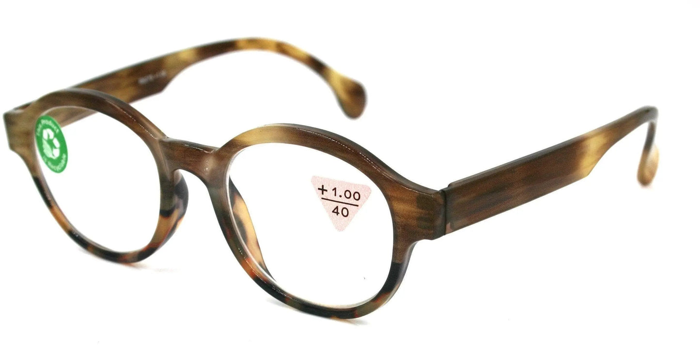 The ALCHEMIST, (Premium) Reading Glasses, Round Frame  +1.25 .. +3 Magnifying Eyeglasses (Marble Brown) Circle Style. NY Fifth Avenue