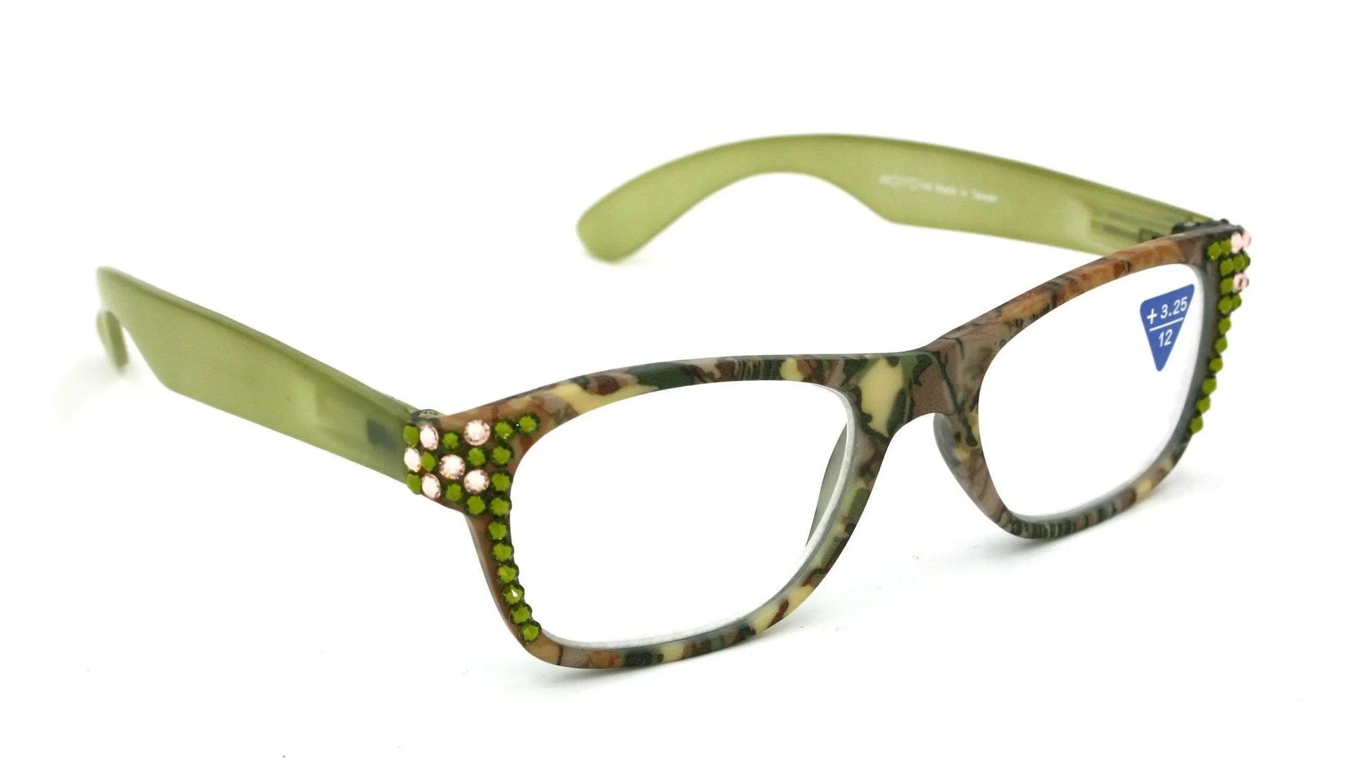 The Forester, (Bling) Reading Glasses For Women W (Olivine, Light Colorado) Genuine European Crystals. +1.25..+3 (Green Camouflage)