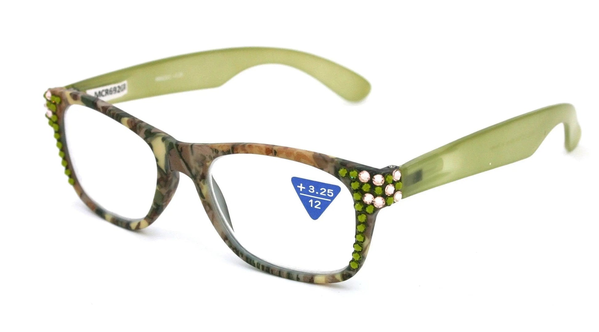 The Forester, (Bling) Reading Glasses For Women W (Olivine, Light Colorado) Genuine European Crystals. +1.25..+3 (Green Camouflage)