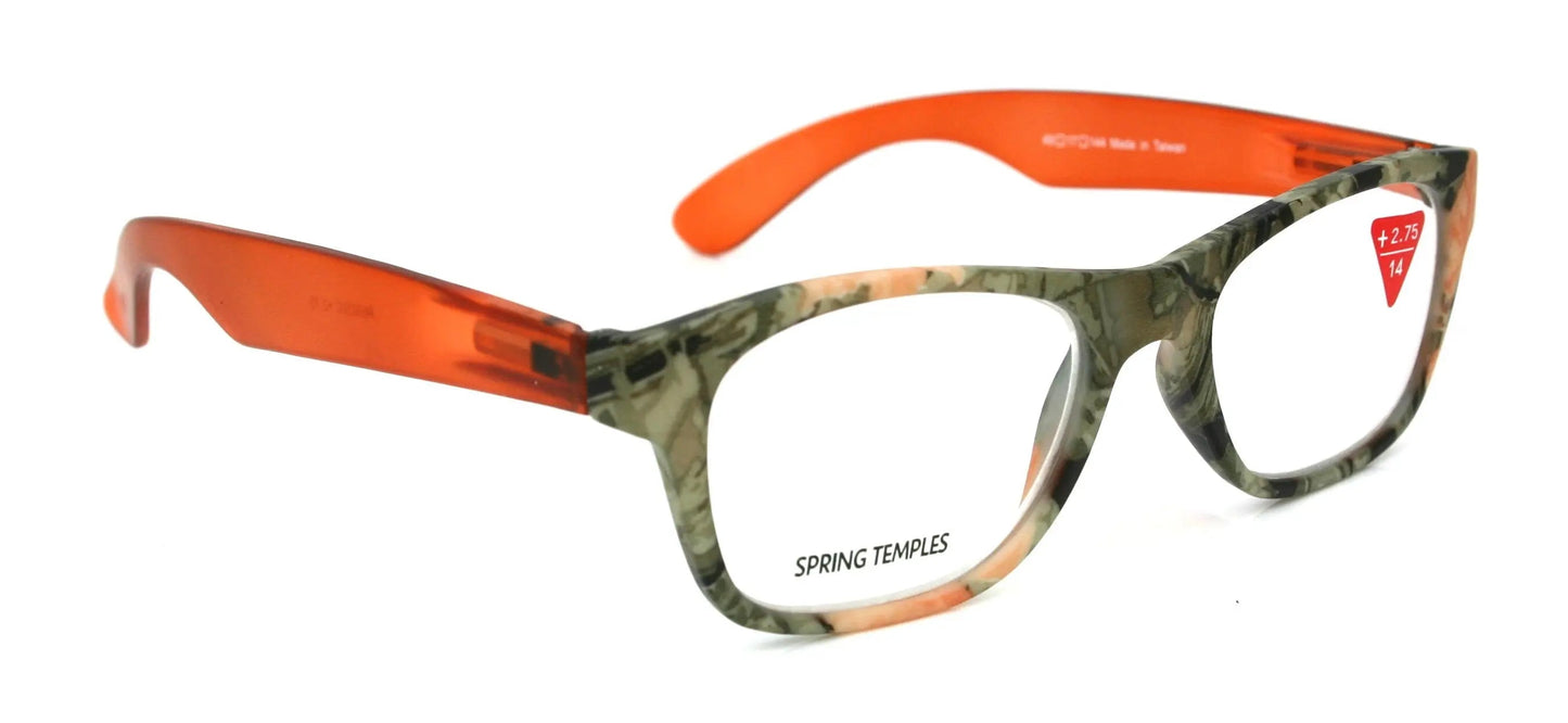 The Forester, (Premium) Reading Glasses, High End Reader +1.25 to +3 Magnifying Wayfarer Style (Orange Camouflage) Frame. NY Fifth Avenue