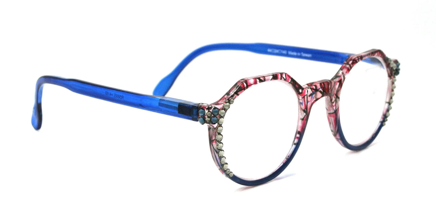 The Hexagon, (Bling) Women Reading Glasses W (Black Diamond, Montana) Genuine European Crystals (Geometric) (Clear,Red, Blue NY Fifth Avenue 