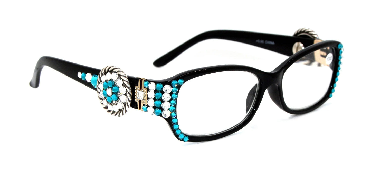 The Medallion, (Bling) Reading Glasses For Women W (Clear, Blue Zircon) Genuine European Crystals (Black) Turquoise Concho. NY Fifth Avenue 
