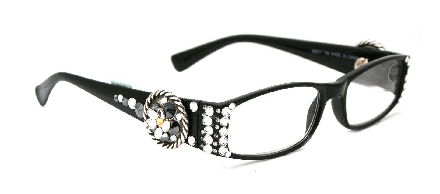 The Medallion, (Bling) Women Reading Glasses Adorned W (Clear, Hematite) Genuine European Crystals (Black) Rope Edge Concho, NY Fifth Avenue 
