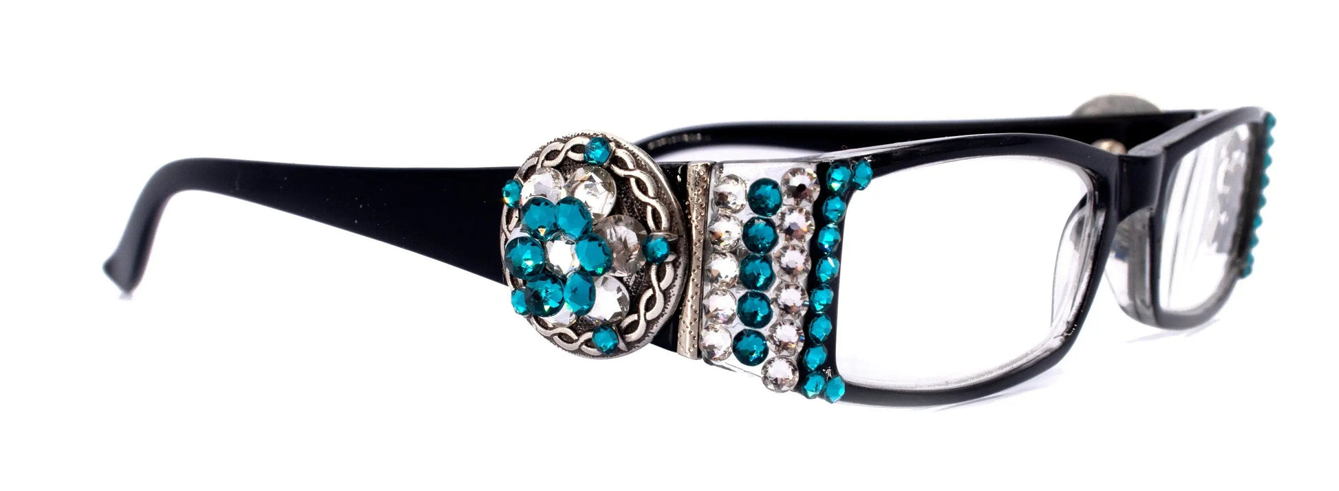 The Medallion, (Bling) Women Reading Glasses W (Blue Zircon, Clear) Genuine European Crystals  Barbed wire Western Concho NY Fifth Avenue 