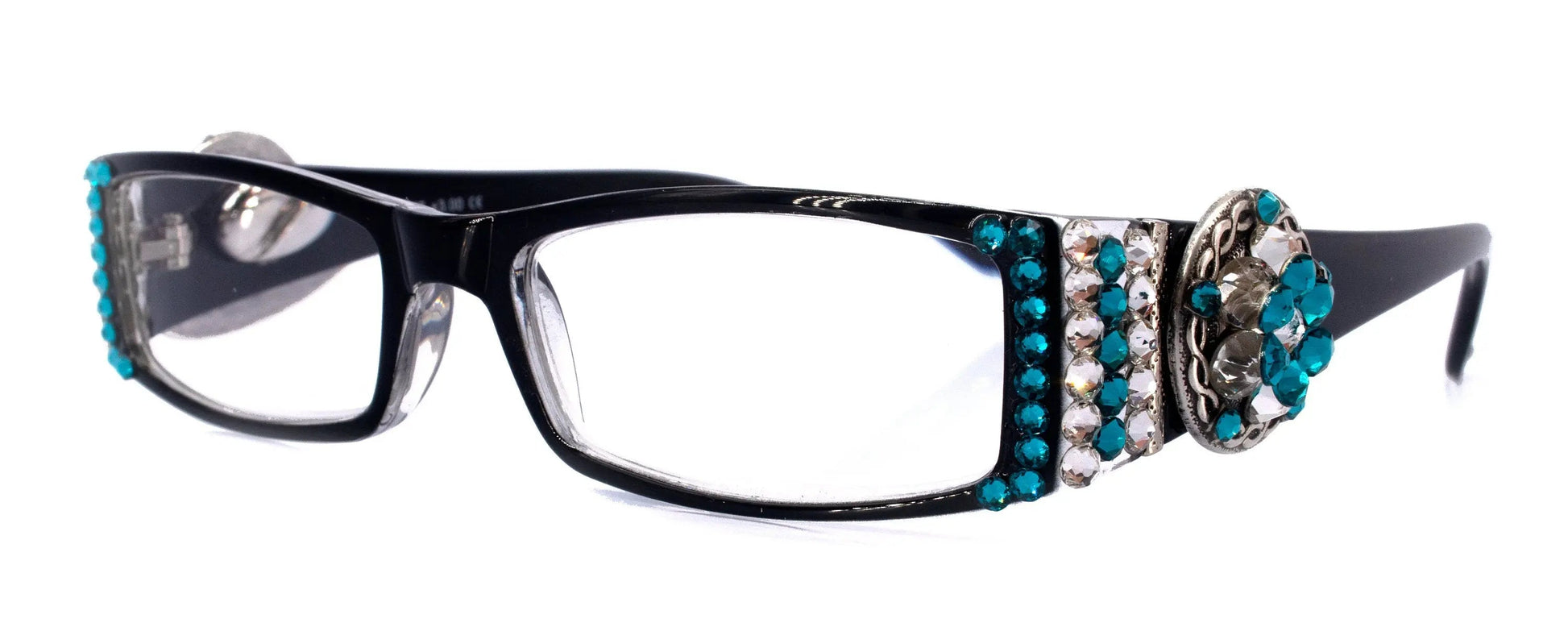 The Medallion, (Bling) Women Reading Glasses W (Blue Zircon, Clear) Genuine European Crystals  Barbed wire Western Concho NY Fifth Avenue 