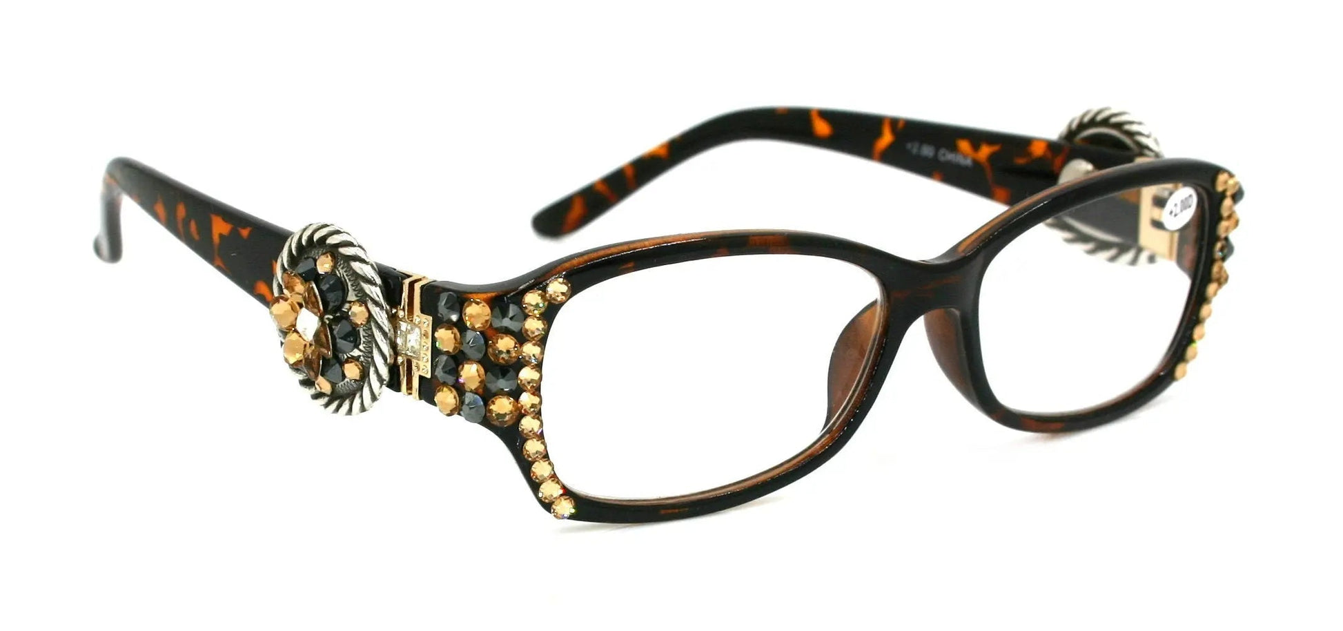 The Medallion, (Bling) Women Reading Glasses W (Hematite, L. Colorado) Genuine European Crystals (Tortoise Brown)  Concho. NY Fifth Avenue. 