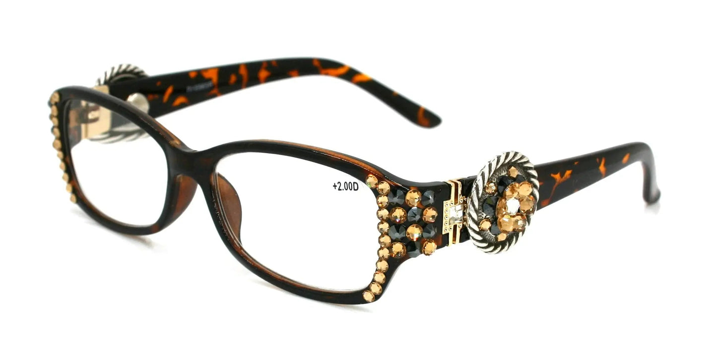 The Medallion, (Bling) Women Reading Glasses W (Hematite, L. Colorado) Genuine European Crystals (Tortoise Brown)  Concho. NY Fifth Avenue. 