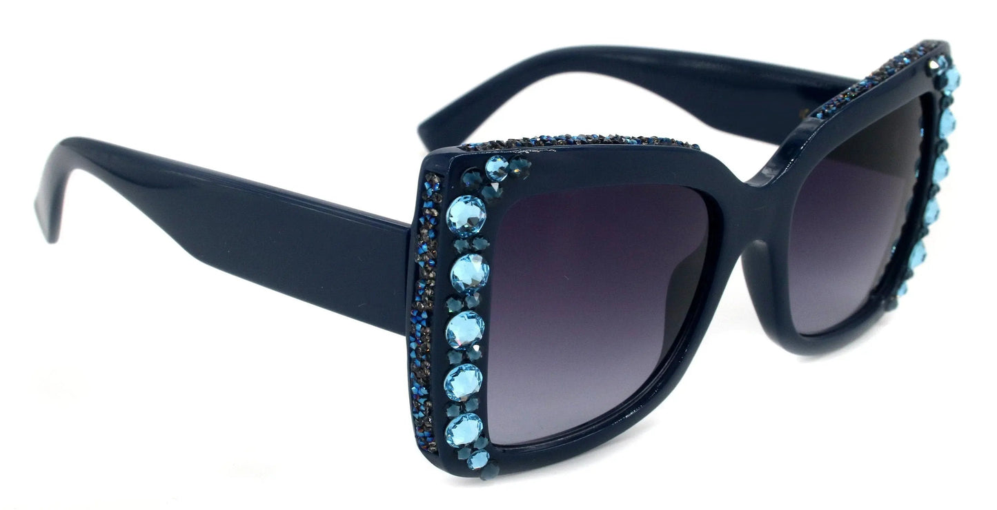 The Monarch, (Bling) Women Sunglasses W (Montana, Aquamarine) Genuine European Crystals, 100% UV Protection Large Cat Eye. NY Fifth Avenue