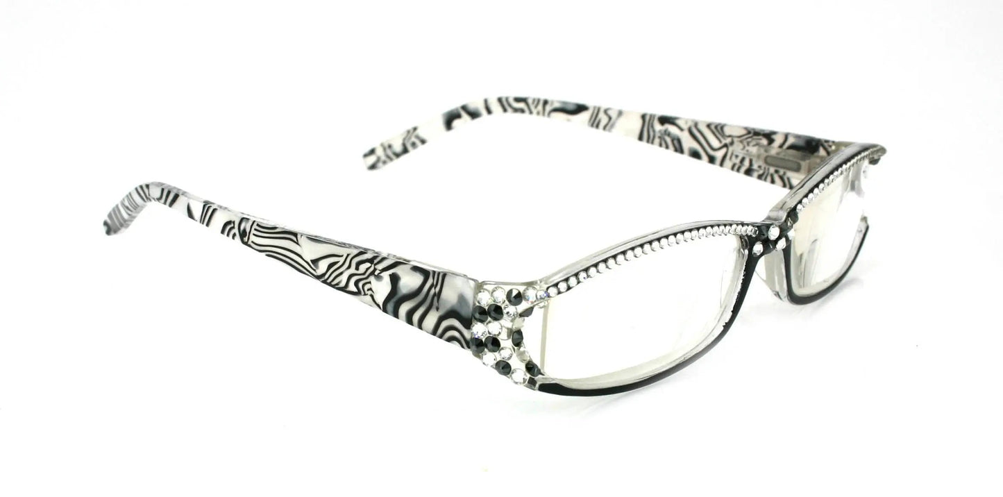 Tuscany, (Bling) Reading Glasses For Women Adorned W (Full Top) (Clear)  (Black, White) Marble Rectangular, NY Fifth Avenue 