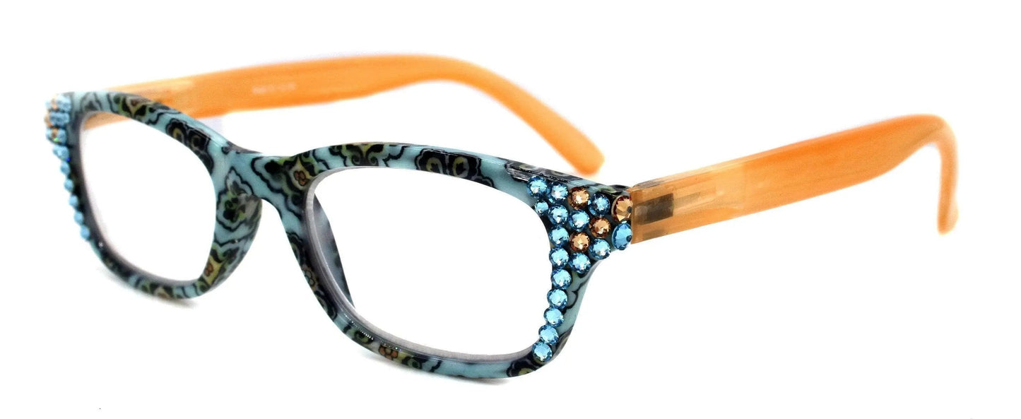 Vera, (Bling) Reading Glasses For Women w (Aquamarine, L. Colorado)   (Yellow, Blue) Paisley. NY Fifth Avenue. (Small Frame) 
