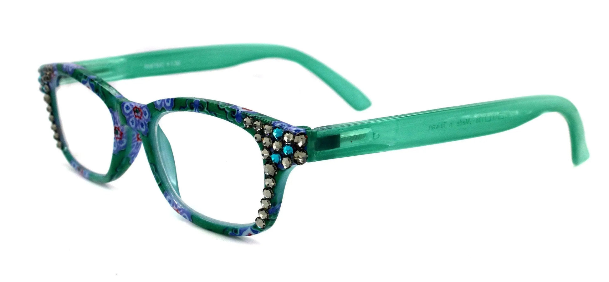 Vera, (Bling) Reading Glasses For Women w (Black Diamond, Blue Zircon)  (Green) Paisley. NY Fifth Avenue. (Small Frame) 