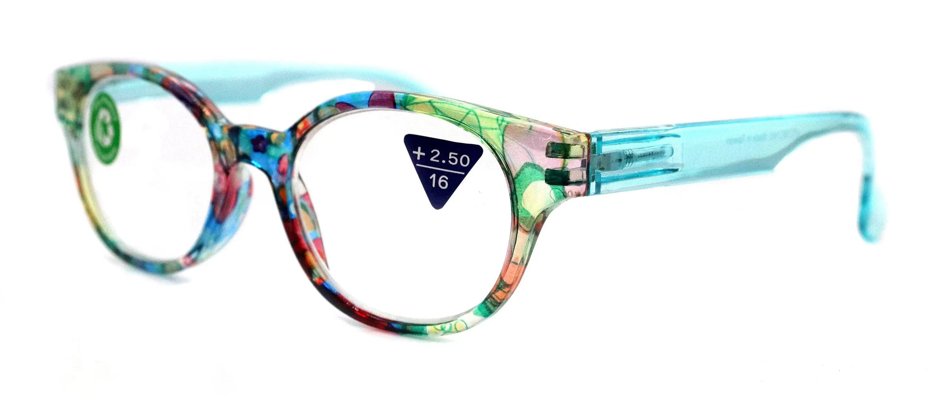 Versailles, (Premium) Reading Glasses High End Readers +1.25 .. +3.00 (Light Blue, Orange Floral) Round Optical Frames. NY Fifth Avenue.