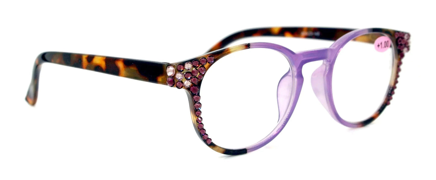Zora, (Bling) Round Reading Glasses Women W (Light Amethyst, Amethyst) Genuine European Crystals (Purple, Tortoise Brown)  NY Fifth Avenue 
