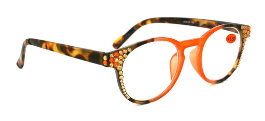Zora, (Bling) Round Reading Glasses Women W (Tangerine, L. Colorado) Genuine European Crystals (Orange, Tortoise Brown)   NY Fifth Avenue 