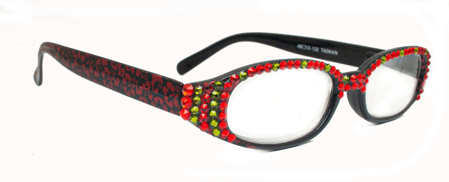 Isabella, (Bling) Reading Glasses Women W (Full Top) (L. Siam, Olivine Green) Genuine European Crystals (Red)  NY Fifth Avenue (Wide Frame) 