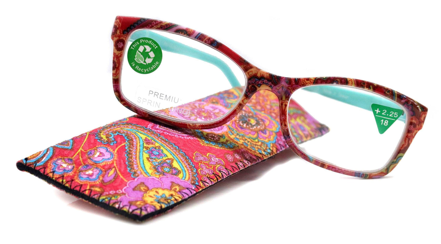 Frida, (Premium) Reading Glasses, High End Readers +1.25 ..+3 magnifying Eyeglasses, Square Optical Frame (Fuchsia) Paisley. NY Fifth Avenue