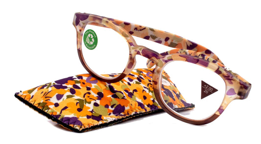 Autumn, (Premium) Reading Glasses High End Readers +1.25, +1.50..+3.00 Round Style. Optical Frame, (Brown, Purple Floral) NY Fifth Avenue
