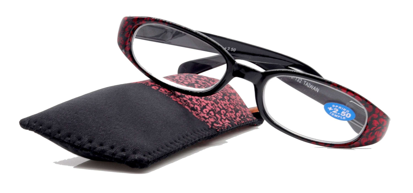 Isabella, (Premium) Reading Glasses, Fashion Reader (Floral Red n Black) Oval +4 +4.5 +5 +6 High Magnification, NY Fifth Avenue (Wide Frame)