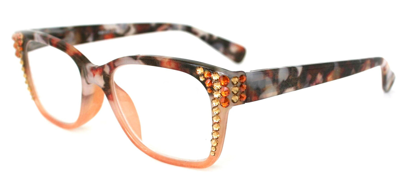 Aya, (Bling) Women Reading Glasses Adorned W ( Cooper, Light Colorado) Genuine European Crystals. +1.25.. +3 Square  NY Fifth Avenue